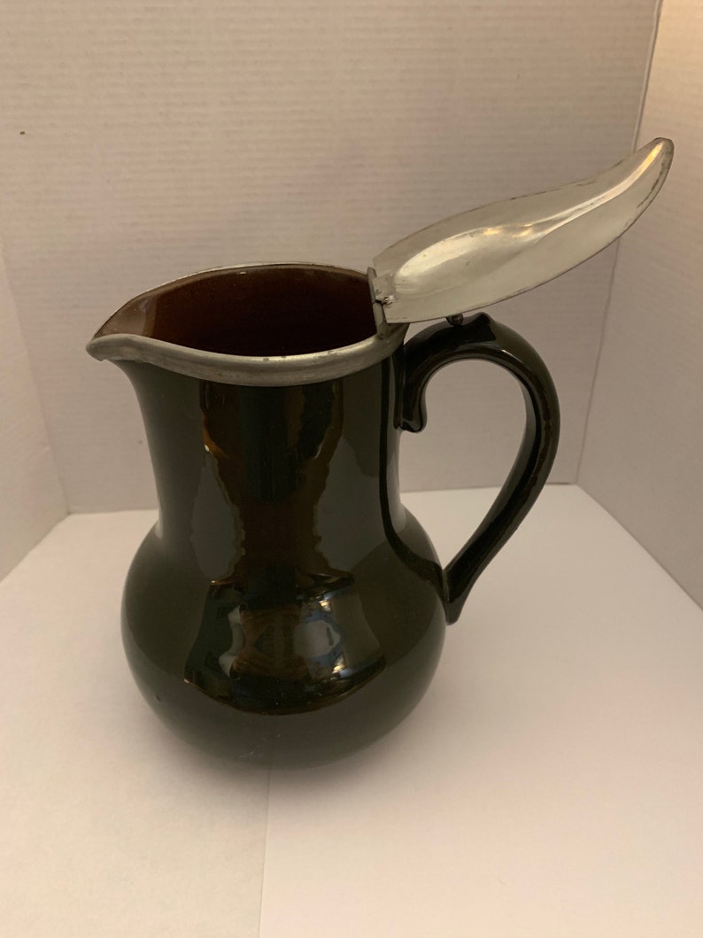 Vintage Stoneware Pitcher With Metal Hinged Lid Etsy