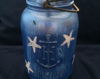 Patriotic Seaside Distressed Mason Jar Lantern