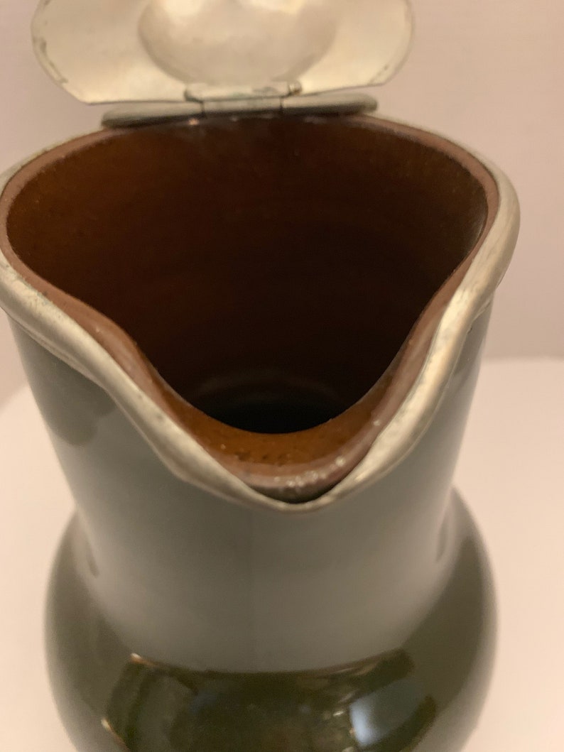 Vintage Stoneware Pitcher With Metal Hinged Lid Etsy