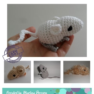 May include: Crochet pattern for making gerbils. The pattern is easy and beginner friendly. The image shows three crocheted gerbils in white, brown, and gray.