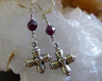 Garnet Heart Cross Earrings - Dangle Drop - Sterling Silver - Lever Backs