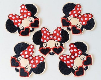 7x7.2cm 10pcs Minnie Mouse RED bow Iron On Sew On Embroidered Patches Appliques Machine Embroidery Needlecraft Sewing KIDS Girls projects