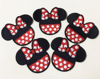 7x7.2cm 10pcs Minnie Mouse RED bow Iron On Sew On Embroidered Patches Appliques Machine Embroidery Needlecraft Sewing KIDS Girls projects