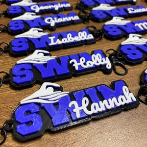 May include: A collection of blue and black plastic keychains featuring a white swimmer icon and the letters SW, each personalised with a different name in white script, including Georgina, Gianna, Isabella, Holly, and Hannah, with black clips.