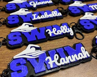 5/10/20 Personalized Swim Team Keychain, Custom 3D Printed Varsity Tags, Swimmer Diving Waterpolo Waterpool Keychains, Swimming Club Gifts