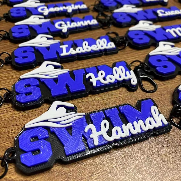 5/10/20 Personalized Swim Team Keychain, Custom 3D Printed Varsity Tags, Swimmer Diving Waterpolo Waterpool Keychains, Swimming Club Gifts