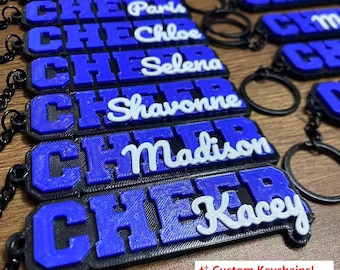 Personalized 3D Printed Cheer Keychain: Custom Name Backpack Tag, Cheerleader Keychains, Sport Team Squad Accessory