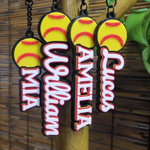 Lot 5 pcs Jaune Softball Sports Personnalisé 3D Nom Imprimé Porte-clés Porte-clés Sac À Dos Étiquette De Bagage Game Day Équipe Fête D'anniversaire Faveur Cadeaux