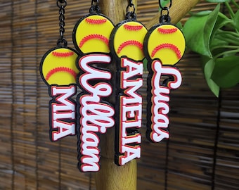 Lot 5pcs Yellow Softball Sports Personalized 3D Printed Name Keychains Keyring Backpack Luggage Tag Game Day Team Birthday Party Favor Gifts