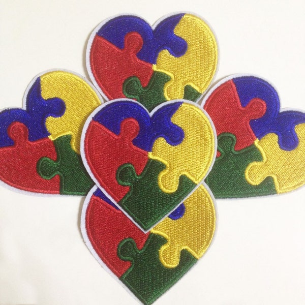 6.8x7.3cm 10pcs Autism Heart patches Autism Awareness Heart Iron On Embroidered Patches Appliques Machine Embroidery Needlecraft Sewing