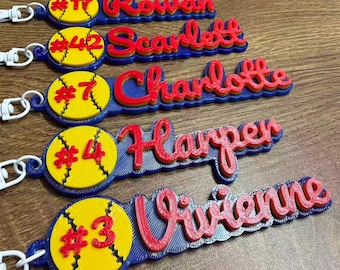 Personalized Softball Keychains: Custom Team Number Name, 3D Printed Sport Backpack Bag Tag, Party Favor Gifts