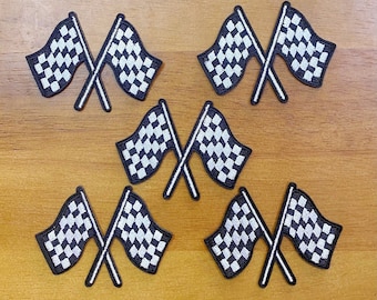 2.87"x2.13" 10pcs Racing Flag Race Car Checkered Flag Race Day Iron On Embroidered Patches Appliques Machine Embroidery Trucker Hat Patches