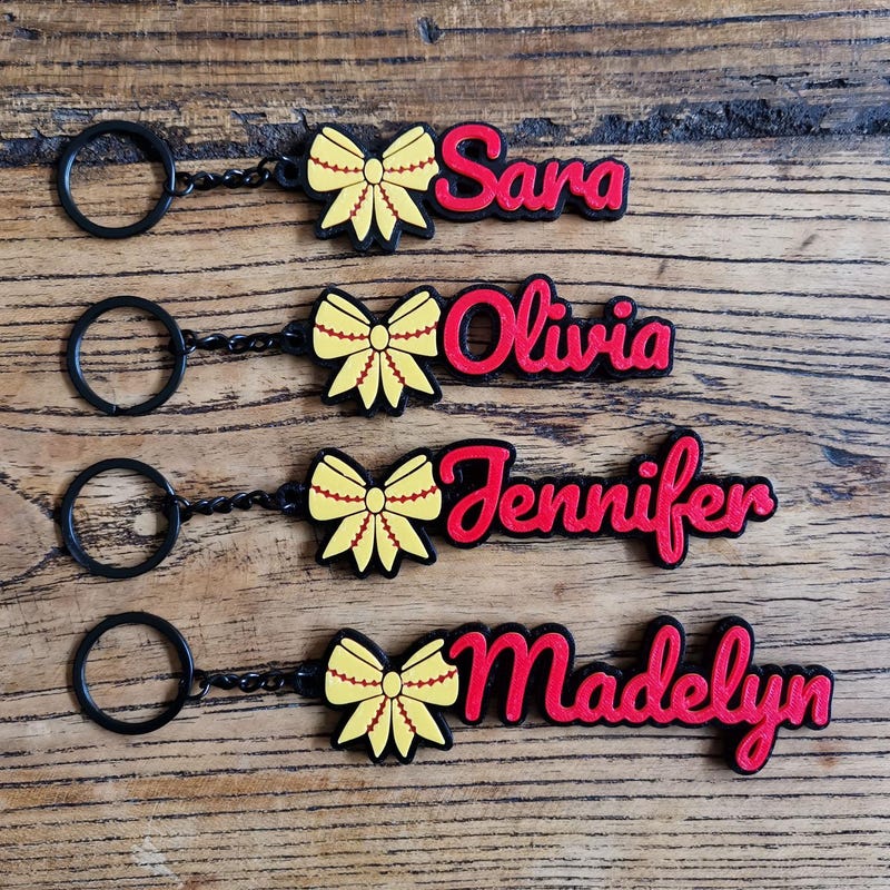 🎁BUY 2 FREE SHIPPING🎁Custom Softball Cheer Bow Ribbon Keyring, Cheerleading 3D Printed Name Keychain, Game Day Party Favor Gift Goodies Bag Tag