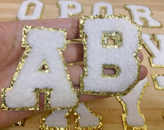2.3"H Set of 5/10/12 Chenille White Alphabets Letters Iron on Patches Gold Sequins Embroidered Appliques Jacket Sweater Shirts Bags Crafts