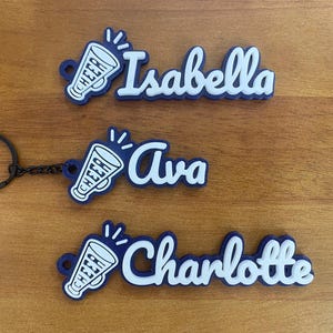Navy Blue Set Personalized Custom Cheer Cheerleader Cheerleading Megaphone Keychain Keyring Name Backpack Tag 3D Printed Game Day Sport Team