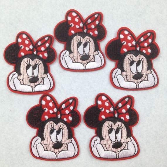 7x7.2cm 10pcs Minnie Mouse RED bow Iron On Sew On Embroidered Patches Appliques Machine Embroidery Needlecraft Sewing KIDS Girls projects