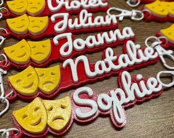5/10/20 Custom Personalized Theater Mask Drama Club School College Comedy and Tragedy Acting Actor 3D Printed Keychain Name Tag Teacher Gift