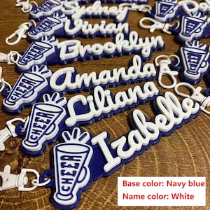 Pack Personalized Custom Navy Blue Cheer Megaphone Cheerleader Cheerleading 3D Printed Keychain Name Backpack Tag Game Day Sport Team Gift