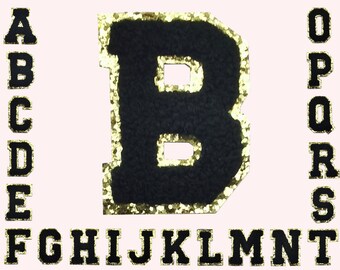 2.3"H Set of 5/10/12 Chenille Black and Gold Alphabets Letters Iron on Patches Sequins Embroidered Appliques Jacket Sweater Shirts DIY