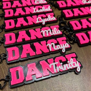 May include: A collection of pink and black keyrings, each featuring the word "DANCE" in 3D lettering. Individual keyrings display names in white script, including Ella, Isabel, Cyuba, Mila, Maya, and Trinity. Black clasps are attached.