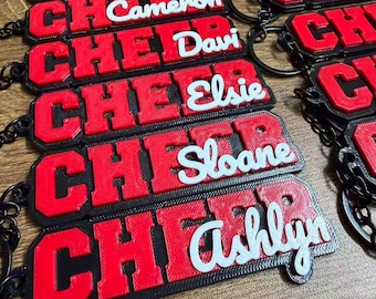 Personalized Cheerleader Keychain: 3D Printed Name Backpack Tag for Game Day Sport Team, Customized Cheerleading Cheer Squad Keychain Tag