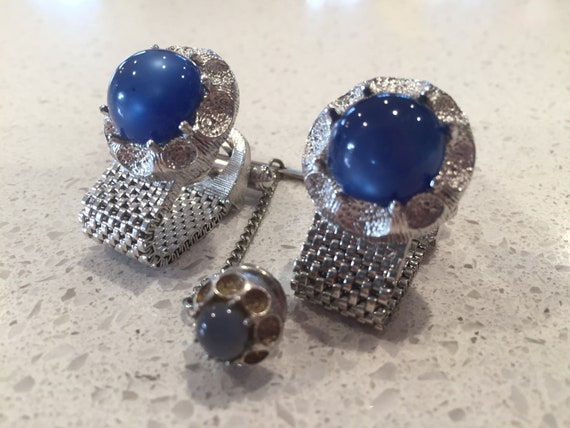 Blue Domed Moonglow Silver Tone Wrap Around Cuffl… - image 1