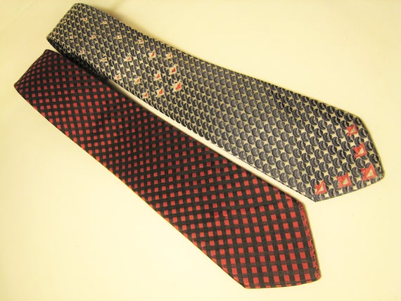 Lot of 2 Silk '60s Ties Silver / Gray / Blue / Re… - image 1