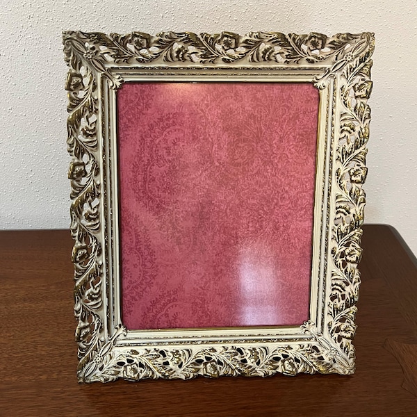 8x10 Ornate Filigree Metal Picture Frame, 1950s / 1960s Gold Tone White Washed Desk or Wall Frame - French Provintial or Hollywood Regency