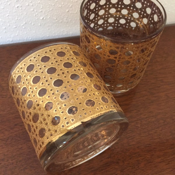 Culver Cannela Pattern Set of 2 Rocks Glasses / MCM Hollywood Regency Bar Ware / 22k Gold Basket Weave Rattan