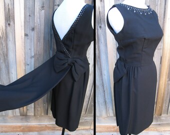 1950s Hollywood Glamour Black Dress with Rhinestones - Party Formal Cocktail Rockabilly Pinup Vixen VLV - S / Small 34" Bust / 24" Waist