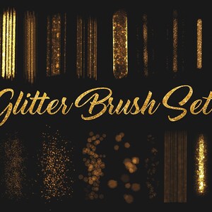 May include: A set of 20 gold glitter brushes for digital design. The brushes are arranged in two rows on a black background. The text "Glitter Brush Set" is written in gold glitter letters.