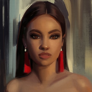 以下が含まれることがあります： 赤いイヤリングと黒いストラップレスのトップを着た、長い黒髪の人のポートレートです。