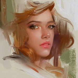 以下が含まれることがあります： 柔らかな絵画風のスタイルで描かれた女性の顔のデジタルペイントです。女性は長い茶色の髪、茶色の目、ピンクの口紅をしています。背景は落ち着いた緑と茶色です。