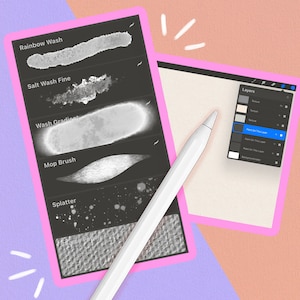 Conjunto de amostras de pincéis de aquarela para Procreate no iPad: retratos florais realistas, paisagens, pintura digital e ilustração.