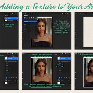 以下が含まれることがあります： タブレットとソフトウェアを使用してデジタルペイントにテクスチャを追加する方法を段階的に説明したガイド。ガイドでは、ペイントを開き、テクスチャレイヤーを追加し、ブレンドモードを乗算に変更し、レイヤーの不透明度を調整する方法を示しています。