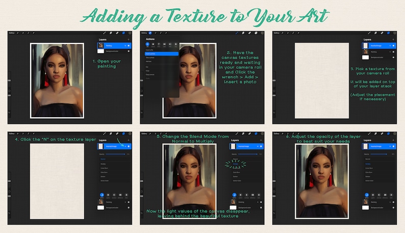 以下が含まれることがあります： タブレットとソフトウェアを使用してデジタルペイントにテクスチャを追加する方法を段階的に説明したガイド。ガイドでは、ペイントを開き、テクスチャレイヤーを追加し、ブレンドモードを乗算に変更し、レイヤーの不透明度を調整する方法を示しています。