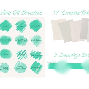 以下が含まれることがあります： 22種類のカスタムオイルブラシ、17種類のキャンバステクスチャ、2種類のスマッジブラシを含むデジタルアートブラシセット。ブラシは、白い背景に緑色の水彩のストロークとして表示されます。テキスト「22 Custom Oil Brushes」、「17 Canvas Textures」、「2 Smudge Brushes」は緑色で書かれています。