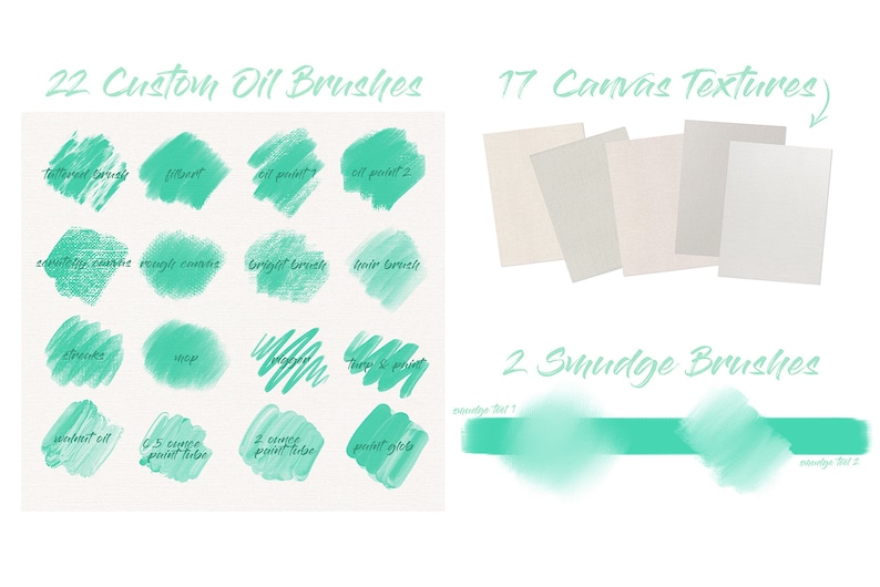 以下が含まれることがあります： 22種類のカスタムオイルブラシ、17種類のキャンバステクスチャ、2種類のスマッジブラシを含むデジタルアートブラシセット。ブラシは、白い背景に緑色の水彩のストロークとして表示されます。テキスト「22 Custom Oil Brushes」、「17 Canvas Textures」、「2 Smudge Brushes」は緑色で書かれています。
