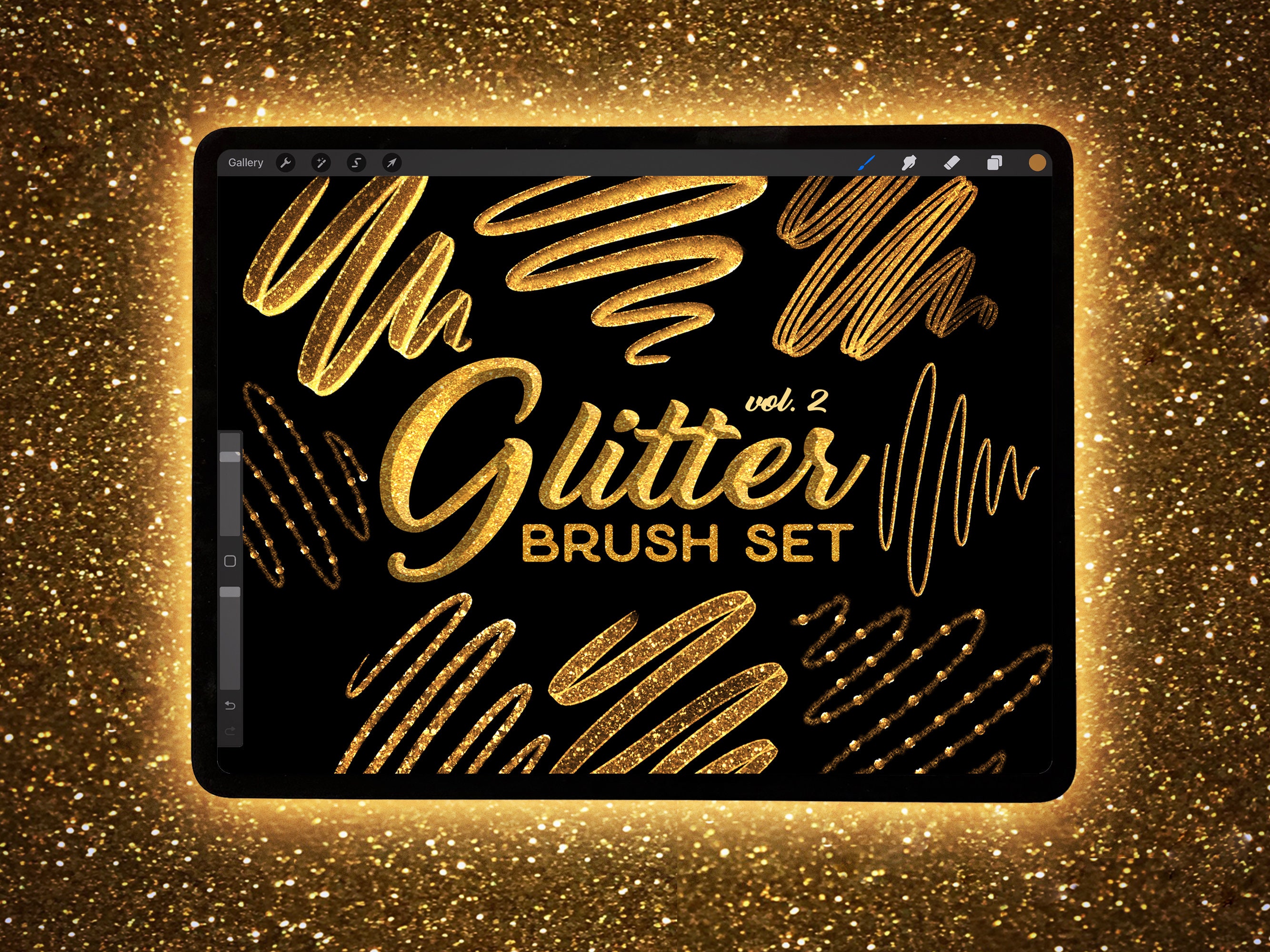 Glitter Procreate Brushes Vol. 2 – 15 Gold Sparkle Lettering & Jewelry Brushes + Palette & Canvas