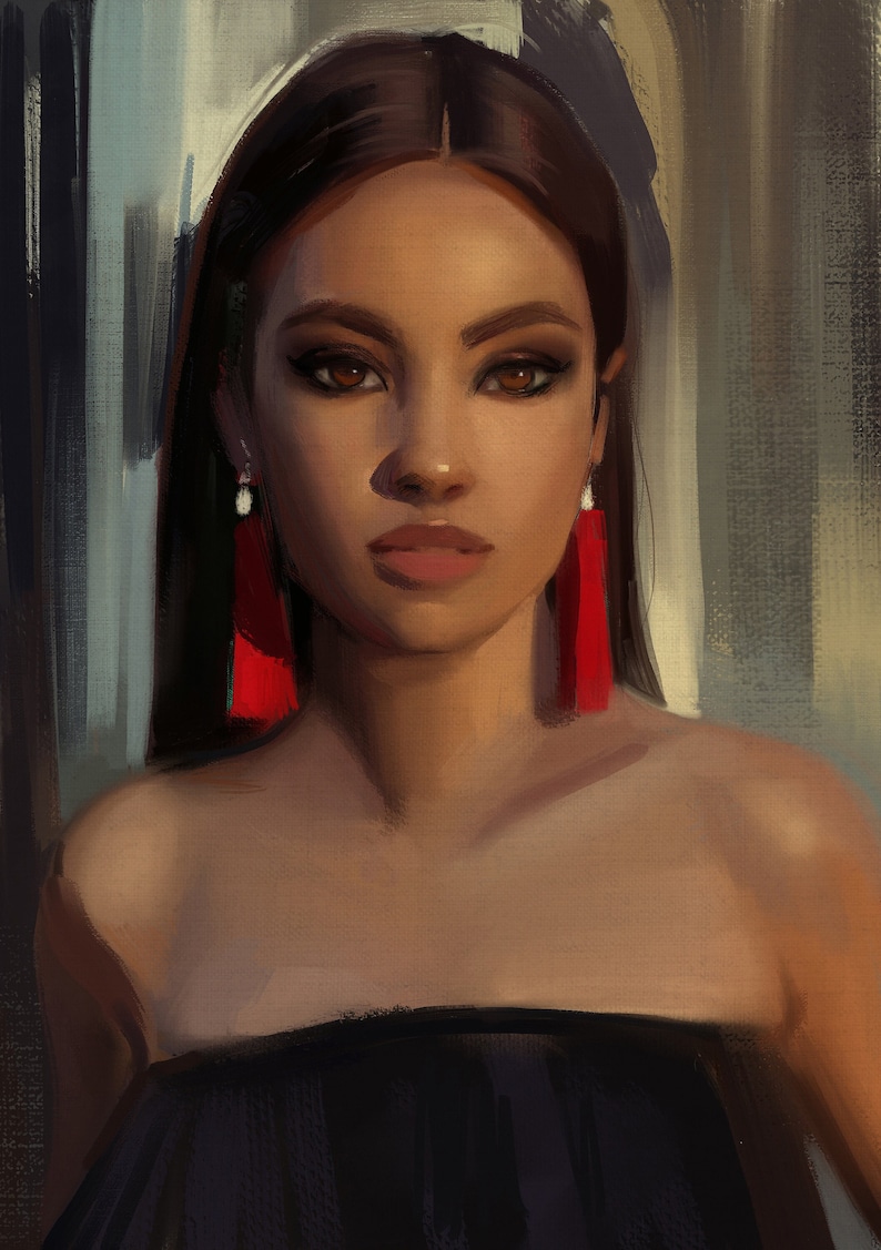 以下が含まれることがあります： 赤いイヤリングと黒いストラップレスのトップを着た、長い黒髪の人のポートレートです。