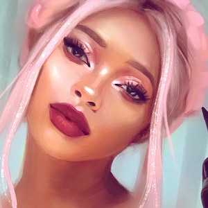 May include: Digital painting of a person with pink hair and a pink headband. The person has brown eyes and is wearing red lipstick. The painting is done in a realistic style.