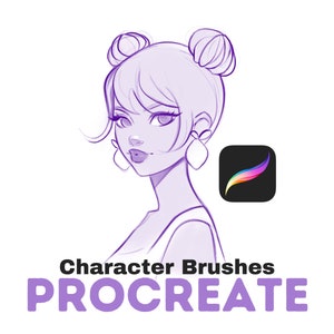 May include: A digital art illustration of a woman with two buns, wearing earrings, and a tank top. The image includes the text "Character Brushes PROCREATE" and the Procreate app logo.