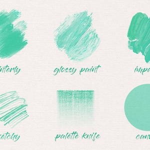 以下が含まれることがあります： さまざまなペイントテクスチャのビジュアルガイド。ペイント、光沢のあるペイント、イムパスト、スケッチ、パレットナイフ、キャンバスの例を示しています。