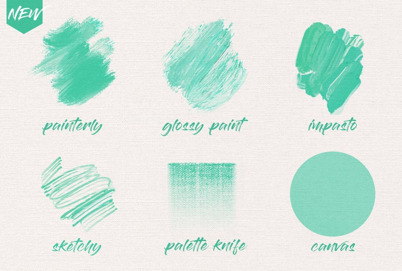 以下が含まれることがあります： さまざまなペイントテクスチャのビジュアルガイド。ペイント、光沢のあるペイント、イムパスト、スケッチ、パレットナイフ、キャンバスの例を示しています。
