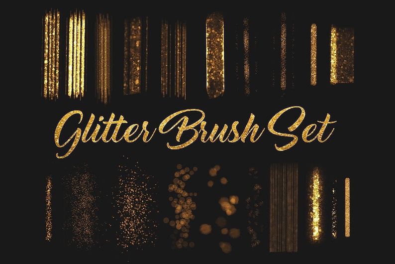 May include: A set of 20 gold glitter brushes for digital design. The brushes are arranged in two rows on a black background. The text "Glitter Brush Set" is written in gold glitter letters.