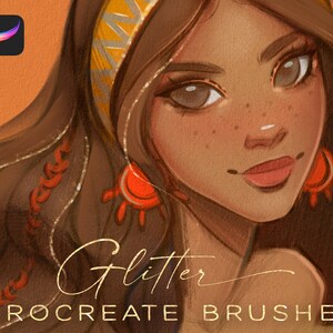 May include: A digital illustration of a woman with long brown hair wearing a gold headband and red earrings. The text "Glitter Procreate Brushes" is written below the image.