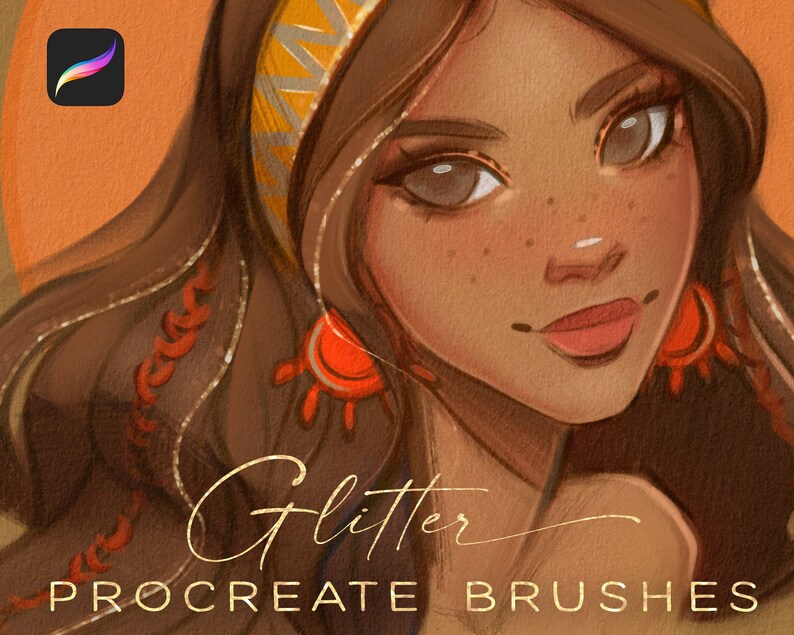 May include: A digital illustration of a woman with long brown hair wearing a gold headband and red earrings. The text "Glitter Procreate Brushes" is written below the image.