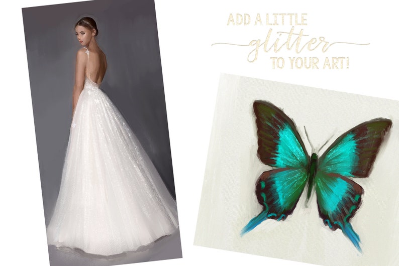 May include: A white wedding dress with a low back and a flowing skirt. The dress is decorated with sequins. The image also includes the text "Add a little glitter to your art!" and a painting of a blue and green butterfly.