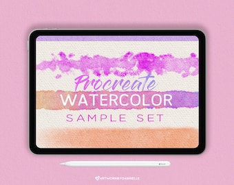 May include: A digital illustration of watercolor brushstrokes in shades of pink, orange, and yellow on a white canvas. The text "Procreate WATERCOLOR SAMPLE SET" is displayed on the canvas.