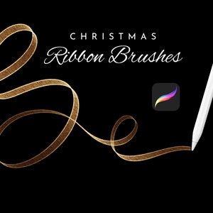 Peut inclure: Un trait de pinceau de ruban doré dessiné avec un stylet blanc sur un fond noir. Le texte "Christmas Ribbon Brushes" est affiché au-dessus du trait. L'icône de l'application Procreate est dans le coin supérieur droit.